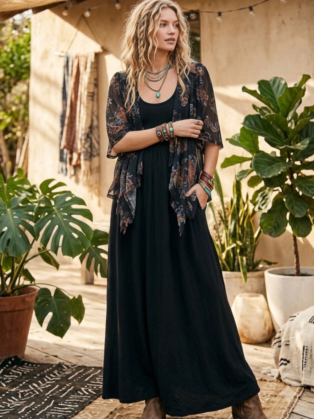 Love on a Hanger Boho Sheer Black Art Nouveau Floral Print Layering Top Blouse M